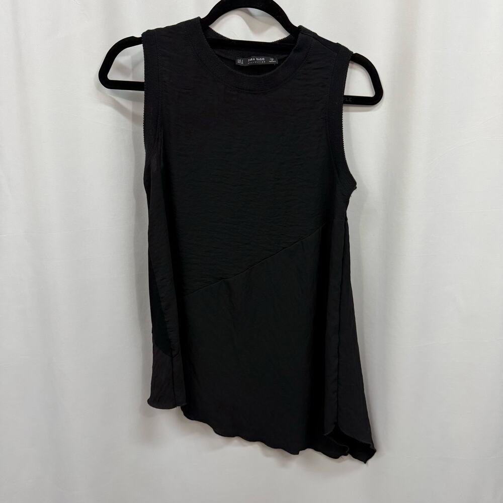 Zara Basics Collection Black Crew Neck Asymmetrical Scallop Hem Black Top S